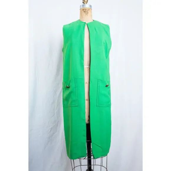 Vintage 60s Kelly Green Linen Blend Vest Duster w/ Pockets Mod Retro Bright, Med - Picture 3 of 10